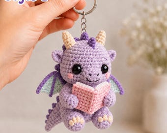 Crochet Dragon Keychain, Cute Reading Dragon Amigurumi, Book Lover Gift, Handmade Fantasy Bag Charm, Teacher Student Gift