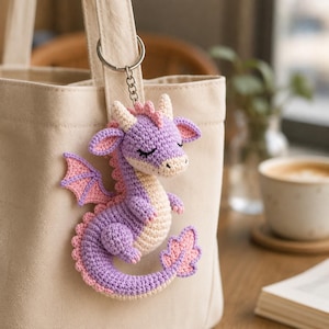 May include: A crochet dragon keychain featuring a purple body with a cream-colored belly and snout. The dragon has pink wings, a pink dorsal fin, and small horns. It is attached to a silver metal keyring and is hanging from a beige canvas tote bag.