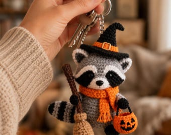 Halloween Raccoon Crochet Keychain, Witch Amigurumi with Pumpkin Basket, Spooky Cute Bag Charm, Raccoon Lover Gift