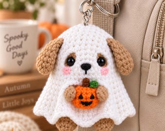 Crochet Ghost Dog Keychain, Halloween Puppy Bag Charm, Pumpkin Amigurumi Keyring, Cute Spooky Crochet Gift, Dog Lover Gift