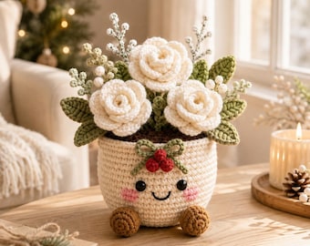 Crochet Christmas Flower Pot, Handmade Christmas Rose Bouquet, Cute Crochet Plant Decor, Holiday Home Decoration, Christmas Gift
