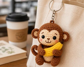 Crochet Monkey Keychain, Cute Amigurumi Banana Monkey Bag Charm, Handmade Animal Keyring, Kawaii Gift for Monkey Lover