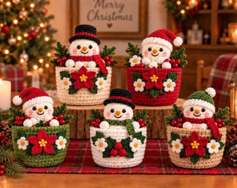 Crochet Christmas Plant Pot, Handmade Holiday Decor, Snowman Flower Pot, Christmas Gift, Winter Home Decor, Festive Crochet Decor