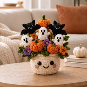 Puede incluir: Un arreglo de Halloween tejido a ganchillo en una maceta color crema con una cara sonriente. El conjunto incluye calabazas naranjas, fantasmas blancos con ojos negros, murciélagos negros y pequeñas flores moradas y naranjas entre hojas verdes.