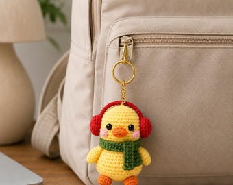 Crochet Duck Keychain, Christmas Duck Bag Charm, Cute Amigurumi Duck with Earmuffs, Winter Animal Keychain, Holiday Stocking Stuffer