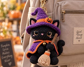 Crochet Black Cat Keychain, Halloween Witch Cat Amigurumi, Cute Pumpkin Witch Bag Charm, Spooky Crochet Keyring, Halloween Cat Gift