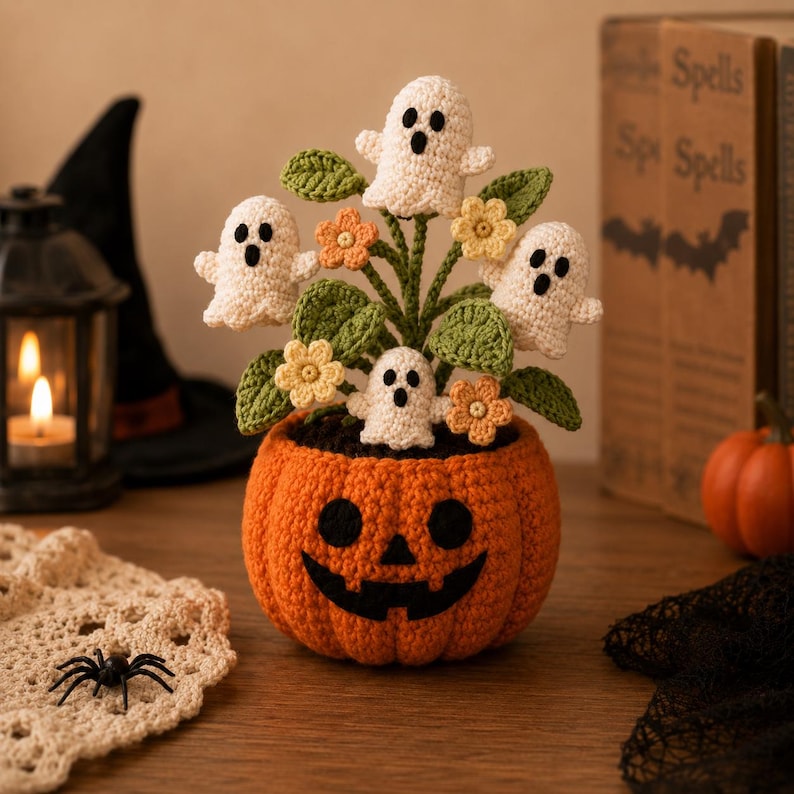 May include: A crocheted orange jack-o'-lantern pot containing a bouquet of green leaves, small yellow flowers, and four white ghosts with black eyes and mouths. The ghosts are positioned among the foliage, creating a decorative arrangement.