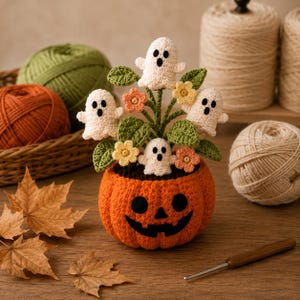 May include: A crocheted orange pumpkin planter with a black jack-o'-lantern face, containing a bouquet of four small white ghosts with black eyes and mouths, green leaves, and small yellow and orange flowers, all crafted from yarn.