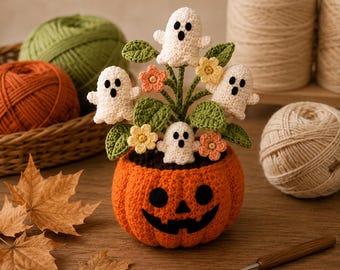 May include: A crocheted orange pumpkin planter with a black jack-o'-lantern face, containing a bouquet of four small white ghosts with black eyes and mouths, green leaves, and small yellow and orange flowers, all crafted from yarn.
