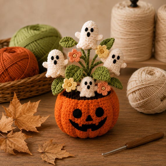 Halloween Crochet Ghost Pumpkin Planter, Handmade Amigurumi Ghost Decor, Cute Halloween Desk Decor, Fall Pumpkin Crochet Gift