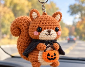Crochet Squirrel Keychain, Halloween Squirrel Bag Charm, Pumpkin Amigurumi Keyring, Cute Fall Animal Gift, Spooky Crochet Charm
