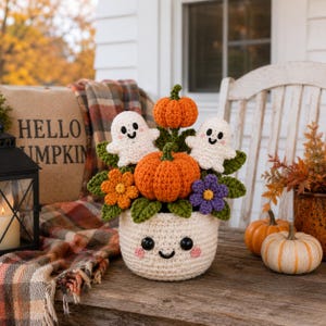 Halloween Crochet Flower Pot, Pumpkin Ghost Crochet Decor, Cute Fall Floral Arrangement, Spooky Amigurumi Decor, Autumn Halloween Gift