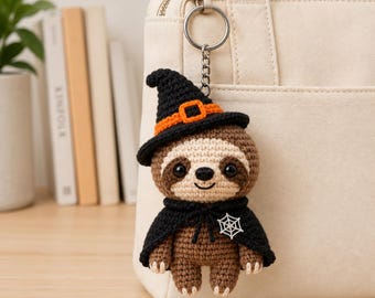 Halloween Crochet Sloth Keychain, Witch Sloth Bag Charm, Cute Spooky Amigurumi Keychain, Halloween Backpack Charm, Sloth Lover Gift