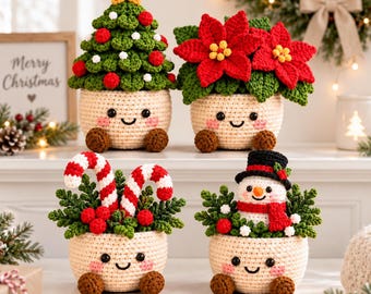 Crochet Christmas Plant Pot, Handmade Holiday Decor, Snowman Flower Pot, Christmas Gift, Winter Home Decor, Festive Crochet Decor