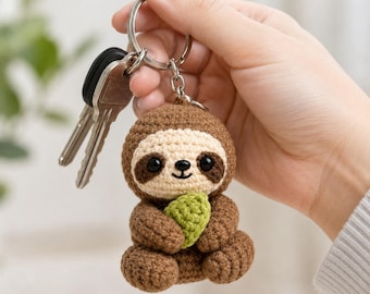 Crochet Sloth Keychain, Cute Amigurumi Sloth Holding Leaf, Handmade Animal Bag Charm, Kawaii Backpack Accessory, Sloth Lover Gift