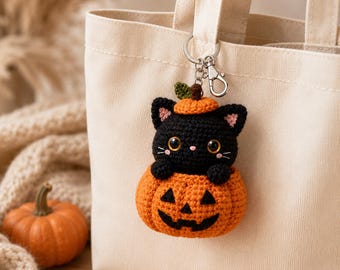 Halloween Black Cat Crochet Keychain, Pumpkin Kitty Amigurumi Bag Charm, Cute Spooky Fall Gift, Handmade Cat Lover Accessory
