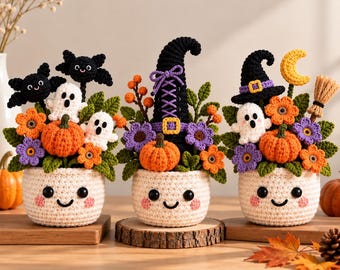 Crochet Halloween Flower Pot, Ghost Bat Pumpkin Bouquet, Spooky Cute Fall Decor, Handmade Desk Ornament, Halloween Gift