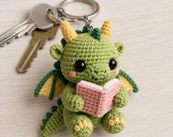 Crochet Reading Dragon Keychain, Green Amigurumi Book Lover Gift, Cute Fantasy Bag Charm, Librarian Teacher Backpack Accessory