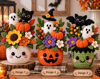 Crochet Halloween Flower Pot, Ghost Pumpkin Frankenstein Amigurumi, Handmade Fall Floral Decor, Cute Spooky Halloween Gift