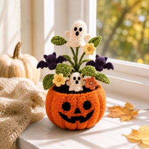 Maceta de Halloween con forma de fantasma y calabaza tejida a crochet, decoración espeluznante de calabaza, maceta con forma de fantasma, decoración de escritorio de Halloween, decoración gótica hecha a mano para el hogar, regalo de Halloween