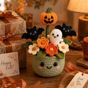 Halloween Crochet Flower Pot, Ghost and Bat Pumpkin Decor, Spooky Amigurumi Flower Arrangement, Fall Table Decor, Cute Halloween Gift