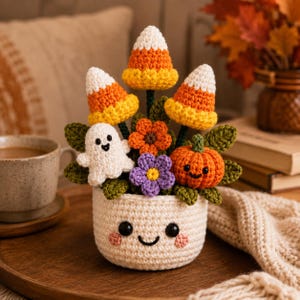 May include: A crocheted potted plant featuring a smiling cream-colored pot with pink cheeks. The arrangement includes two candy corn shapes, a small white ghost, a bright orange pumpkin, a purple flower, and an orange flower with green leaves.