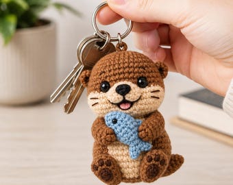 Cute Otter Crochet Keychain, Handmade Amigurumi Otter With Fish, Animal Bag Charm, Kawaii Crochet Gift, Sea Otter Keyring