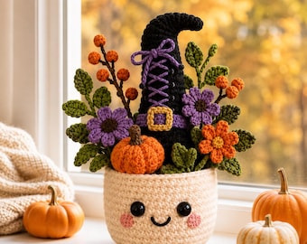 Crochet Halloween Flower Pot, Witch Boot Pumpkin Bouquet, Cute Spooky Fall Decor, Amigurumi Halloween Gift, Autumn Home Decor