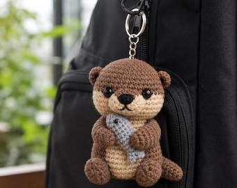 Crochet Otter Keychain Holding Fish, Handmade Amigurumi Otter Bag Charm, Cute Animal Gift for Otter Lover