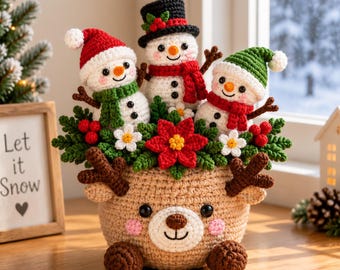 Crochet Christmas Flower Pot, Handmade Snowman Bouquet, Christmas Crochet Plant Decor, Winter Holiday Home Decoration, Cute Christmas Gift