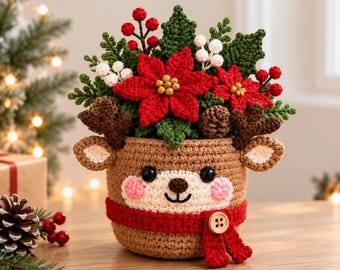 Crochet Christmas Flower Pot, Reindeer Holiday Bouquet, Handmade Christmas Plant Decor, Cute Rudolph Crochet Decoration, Winter Home Gift