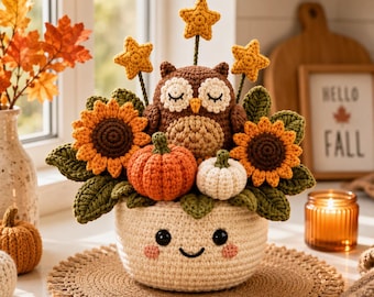 Virkad höst-Halloween-blomkruka, Uggla-pumpa-solrosbukett, söt höst-heminredning, Amigurumi-Thanksgiving-present, skördebordsdekoration