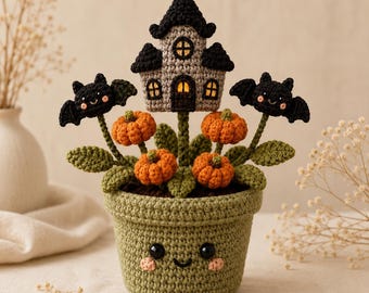 Crochet Halloween Flower Pot, Haunted House Amigurumi Decor, Bat and Pumpkin Bouquet, Spooky Cute Fall Gift