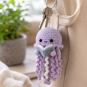 Crochet Jellyfish Keychain, Cute Amigurumi Jellyfish Reading Book Bag Charm, Purple Ocean Animal Keyring, Book Lover Gift