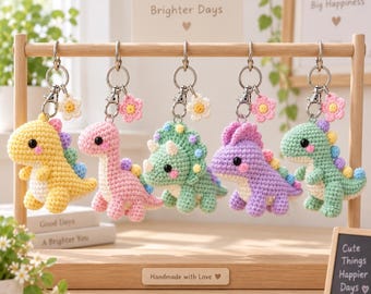 Crochet Dinosaur Keychain, Cute Dino Bag Charm, Amigurumi Dinosaur Keyring, Pastel Backpack Charm, Dinosaur Lover Gift, Kids Gift