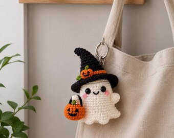 Halloween Crochet Keychain, Handmade Ghost Keychain, Cute Pumpkin Charm, Spooky Bag Charm, Halloween Gift, Crochet Car Accessories