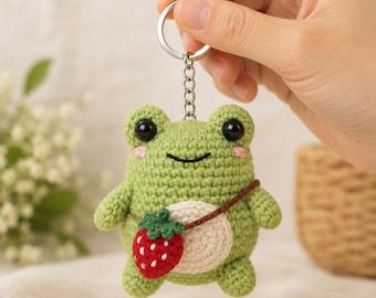 Cute Frog Crochet Keychain with Strawberry Purse, Handmade Amigurumi Frog Charm, Kawaii Backpack Accessory, Frog Lover Gift