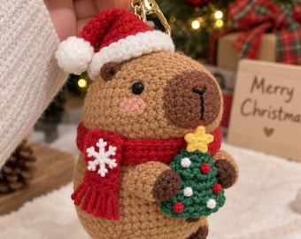 Crochet Christmas Capybara Keychain, Santa Hat Amigurumi, Cute Capybara Bag Charm, Holiday Crochet Keyring, Christmas Gift