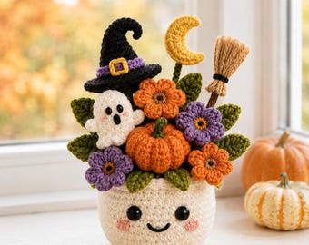 Crochet Halloween Flower Pot, Ghost Witch Pumpkin Bouquet, Cute Spooky Fall Decor, Amigurumi Halloween Gift, Autumn Home Decor