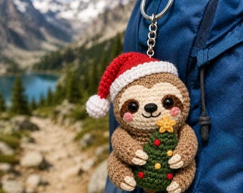 Crochet Sloth Christmas Keychain, Santa Sloth Plush Charm, Handmade Amigurumi Sloth Bag Charm, Holiday Gift, Cute Xmas Stocking Stuffer