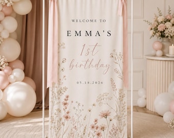 Pancarta de bienvenida floral personalizada para cumpleaños, fondo de fiesta con nombre y edad personalizados, letrero de primer cumpleaños con flores silvestres, decoración de fiesta bohemia para niña.