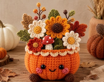 Crochet Pumpkin Flower Pot, Fall Sunflower Bouquet, Autumn Crochet Decor, Thanksgiving Centerpiece, Handmade Fall Gift
