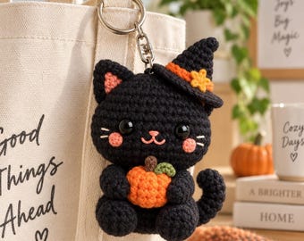 Crochet Black Cat Keychain, Halloween Witch Cat Charm, Pumpkin Amigurumi Keyring, Cute Spooky Bag Charm, Cat Lover Gift