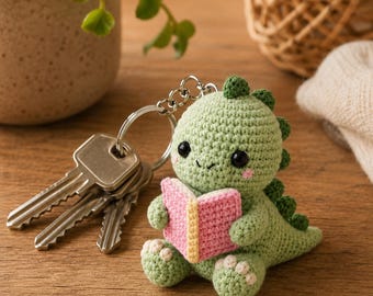 Green Dinosaur Crochet Keychain, Reading Dino Amigurumi, Cute Book Lover Gift, Backpack Bag Charm, Librarian Teacher Gift