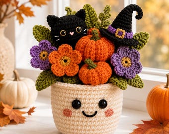 Crochet Halloween Flower Pot, Black Cat Pumpkin Witch Bouquet, Cute Spooky Fall Decor, Handmade Amigurumi Halloween Gift