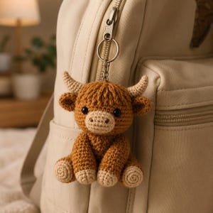 Gehäkelter Schlüsselanhänger mit Hochlandkuh, niedlicher Kuh-Amigurumi-Schlüsselanhänger, handgefertigter Häkel-Taschenanhänger, Geschenk für Bauernhoftiere, Geschenk für Kuhliebhaber
