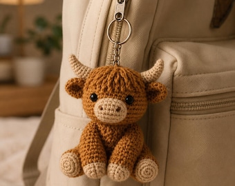 Highland Cow Crochet Keychain, Cute Cow Amigurumi Keyring, Handmade Crochet Bag Charm, Farm Animal Gift, Cow Lover Gift