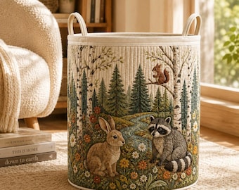 Cesto de ropa acolchado con animales del bosque, cesto de ropa infantil con motivos de bosque, contenedor de juguetes con conejos, mapaches y ardillas, cesta de ropa estilo cottagecore