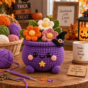 Halloween Crochet Flower Pot, Witch Hat Pumpkin Cauldron Decor, Handmade Crochet Bouquet, Cute Fall Home Decor, Spooky Gift