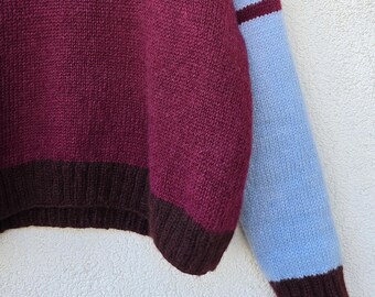 Niestandardowy sweter z alpaki i merynosów w blokach kolorów | Luźny, luźny sweter robiony ręcznie | Luksusowa dzianina z alpaki 80% na zamówienie
